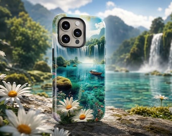 Telefoonhoesje met bergwaterval en wilde bloemen, een rustgevend natuurcadeau voor haar.