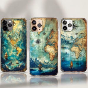 Étui pour téléphone carte carte de l'Atlas rétro, étui pour téléphone carte du monde vintage boussole, étui pour téléphone MagSafe pour iPhone 15 14 13, carte au trésor, carte ancienne, Samsung S24