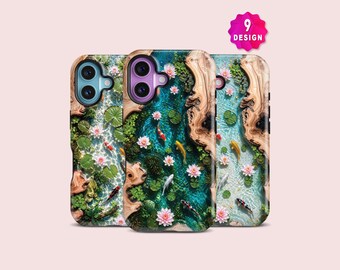 Koi Fish With Lotus PondPhone Case, Japanese Garden iPhone 17,16,15 Cover With Lily Design