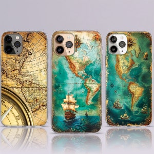 Piraat retro wereldkaart kompas Atlas telefoonhoesje, iPhone 15 14 13 MagSafe-telefoonhoesje, oude kaart, kaartverkenner, fantasiekaart, Samsung S24 S23 S22