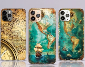 Pirate Retro World Map Compass Atlas Phone Case, iPhone 15 14 13 MagSafe Phone Case, Old Map, Explorer Map, Fantasy Map, Samsung S24 S23 S22