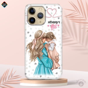 May include: A clear phone case with a white background and a design of a mother and daughter hugging. The design features a pink heart with the text "Mommy's Girl" in pink.