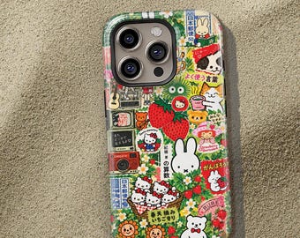 Kawaii Japanse manga anime telefoonhoesje, Y2K kleurrijke aardbeien bloemen retro sticker collage, leuk cadeau voor tienermeisjes