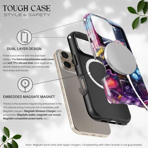 May include: A phone case with a dual-layer design, featuring a hard polycarbonate outer cover and a soft TPU silicone liner. The case is black with a colorful, abstract design and includes an embedded MagSafe magnet for compatibility with MagSafe chargers.