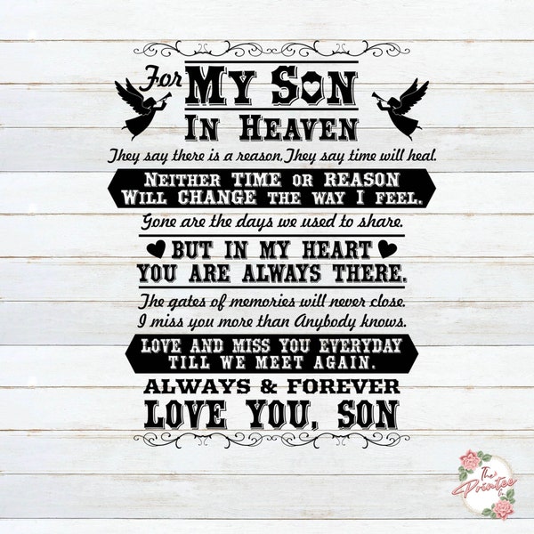 Zoon in de hemel SVG, In liefdevolle herinnering SVG, mijn zoon is een engel SVG, stickers digitale download, Miss My Son Png, Cricut silhouet