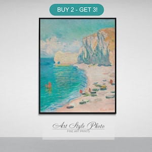 Claude Monet&#39;s The Beach and the Falaise d&#39;Amont. Monet print, art paper, canvas, framed canvas.