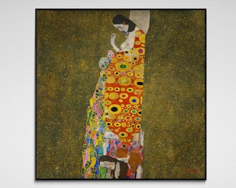 Gustav Klimt print: Hope II. Fine art prints on art paper, canvas, and framed canvas. Free shipping in the USA, UK, Canada