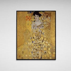 May include: A painting of a woman in a gold dress with a geometric pattern. The background is also gold with a geometric pattern.