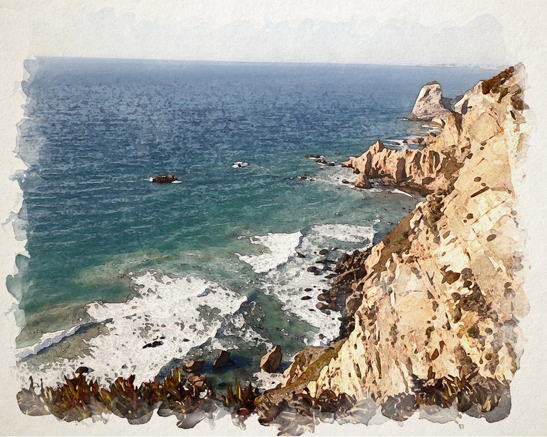 May include: A watercolor painting of a rocky coastline with crashing waves and a blue ocean. The cliffs are a light brown color and the water is a turquoise blue.