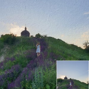 May include: A woman in a white dress walks up a grassy hill covered in purple flowers, towards a church with a dark dome. The sky is a pale blue with a hint of sunset.