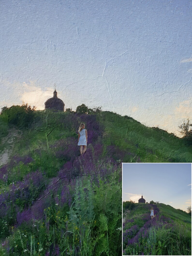 May include: A woman in a white dress walks up a grassy hill covered in purple flowers, towards a church with a dark dome. The sky is a pale blue with a hint of sunset.
