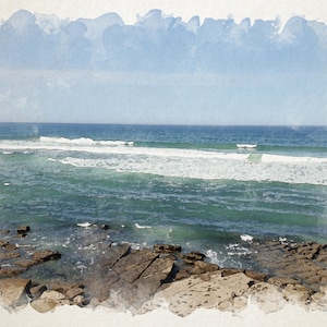 May include: A watercolor painting of a seascape with blue sky, white clouds, and turquoise water with white waves crashing on the shore. The foreground shows rocky terrain.