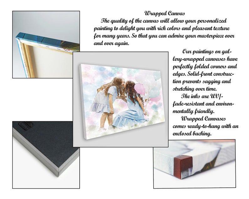 May include: A watercolor painting of two girls with pink balloons, printed on a gallery-wrapped canvas. The canvas is ready to hang with an enclosed backing. The text on the image reads: "Wrapped Canvas The quality of the canvas will allow your personalized painting to delight you with rich colors and pleasant texture for many years. So that you can admire your masterpiece over and over again. Our paintings on gallery-wrapped canvases have perfectly folded corners and edges. Solid-front construction prevents sagging and stretching over time. The inks are UV-fade-resistant and environmentally friendly. Wrapped Canvases comes ready-to-hang with an enclosed backing."