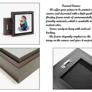 May include: A framed canvas print with a floating frame. The frame is made of environmentally friendly materials and is available in walnut color. The canvas print features a painting of a young girl holding a small animal.