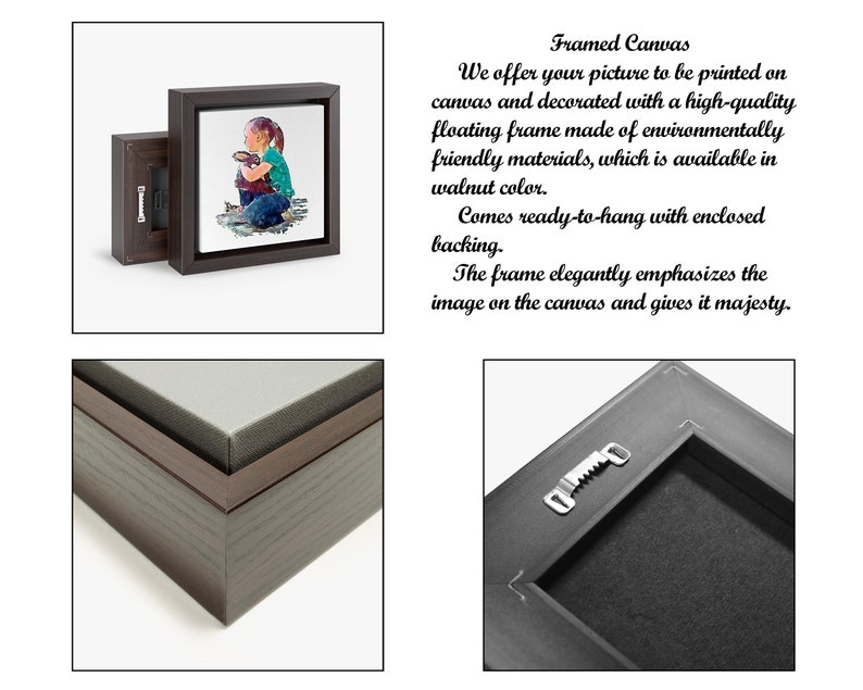 May include: A framed canvas print with a floating frame. The frame is made of environmentally friendly materials and is available in walnut color. The canvas print features a painting of a young girl holding a small animal.