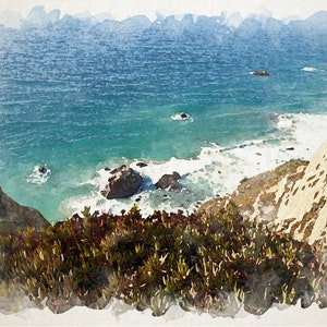 May include: A watercolor painting of a rocky coastline with crashing waves and a blue ocean in the background. The foreground features green foliage.