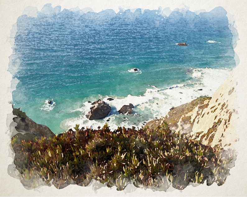 May include: A watercolor painting of a rocky coastline with crashing waves and a blue ocean in the background. The foreground features green foliage.