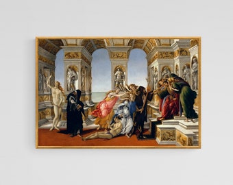 Sandro Botticelli's The Calumny of Apelles. Giclee print, premium cotton canvas, framed canvas or art paper. Print in the USA.