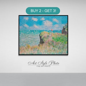 Claude Monet&#39;s Cliff Walk at Pourville Monet print, art paper, canvas, framed canvas.