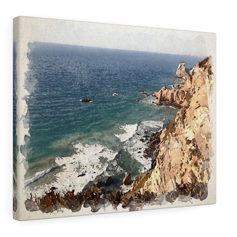 May include: A watercolor painting of a rocky cliff overlooking a blue ocean with white waves crashing on the shore.