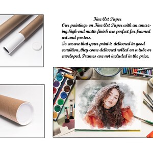 May include: The image showcases a watercolor portrait of a person with curly hair, alongside art supplies. Text reads "Fine Art Paper" and describes the high-end matte finish of the prints, delivered rolled in a tube.