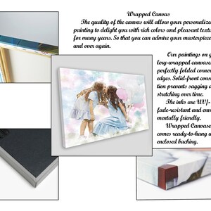 May include: Wrapped canvas art print featuring a watercolor-style image of two people, one holding balloons. The canvas has folded corners and edges, with text describing the quality and features of the print. The print is ready to hang.