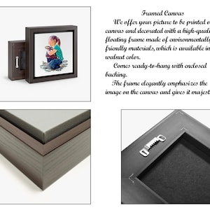 May include: Framed canvas art featuring a watercolor painting of a child. The artwork is displayed in a walnut-colored floating frame. The frame is made of environmentally friendly materials and comes ready to hang.