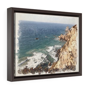 May include: A watercolor painting of a rocky coastline with turquoise water crashing against the shore. The cliffs are a mix of brown and beige, with a hint of green vegetation.