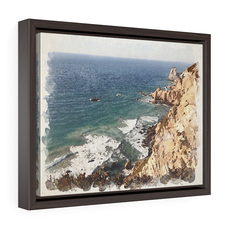 May include: A watercolor painting of a rocky coastline with turquoise water crashing against the shore. The cliffs are a mix of brown and beige, with a hint of green vegetation.