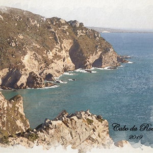 May include: A watercolor painting of a rocky cliffside overlooking a blue ocean. The cliffs are brown and tan with green vegetation. The water is a deep blue with white waves crashing against the rocks. The text "Cabo da Roca, 2019" is written in black at the bottom of the image.