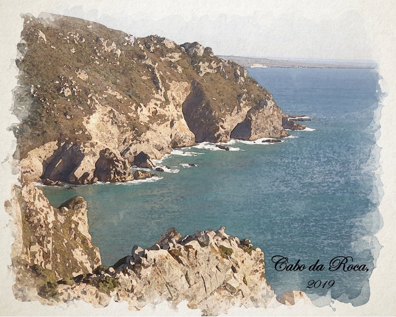 May include: A watercolor painting of a rocky cliffside overlooking a blue ocean. The cliffs are brown and tan with green vegetation. The water is a deep blue with white waves crashing against the rocks. The text "Cabo da Roca, 2019" is written in black at the bottom of the image.