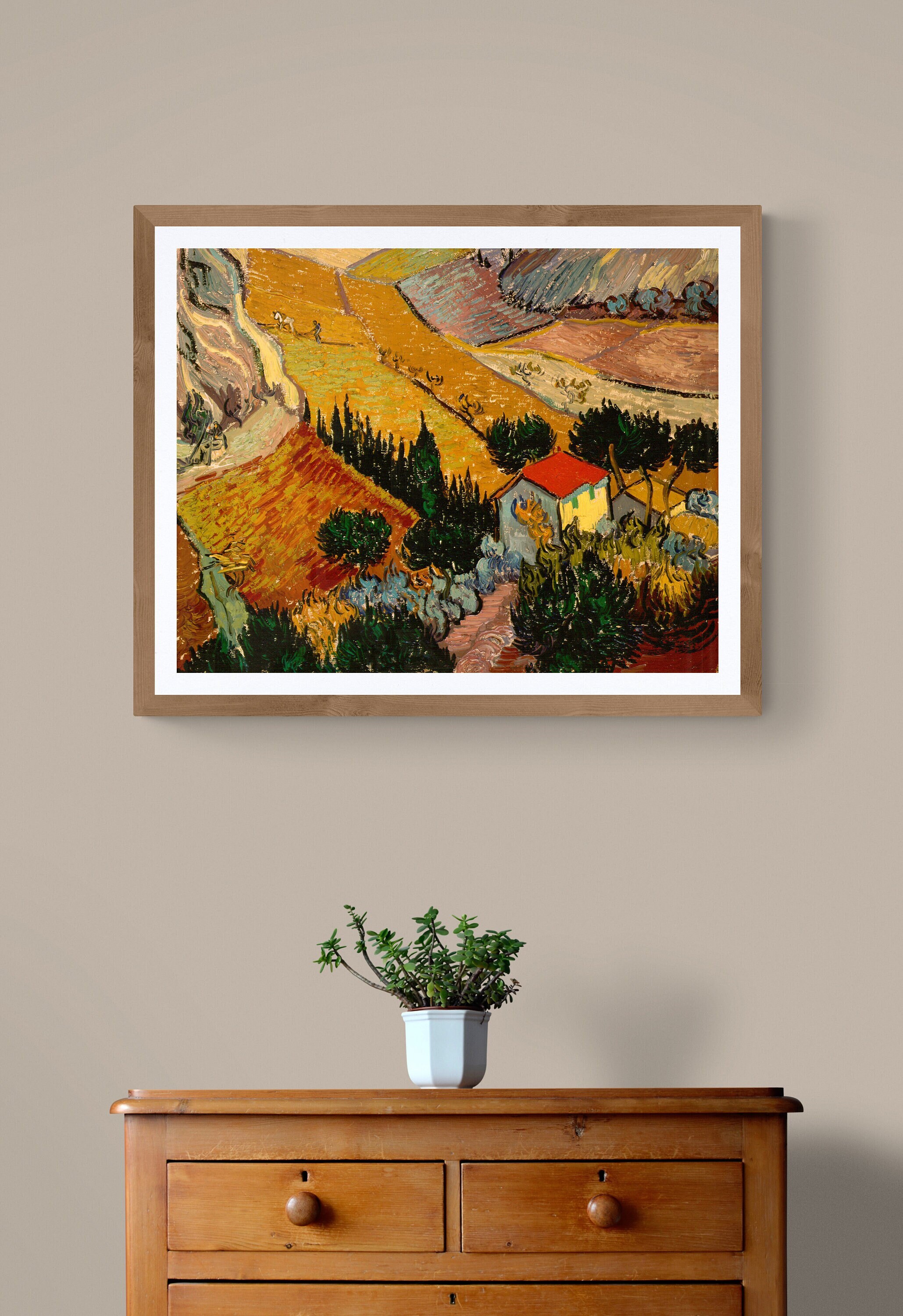 Van Gogh prints: Valley with Ploughman Seen from Above. Landscape with House and Ploughman. Van Gogh painting. Reproduction Van Gogh.