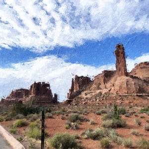 May include: An artistic rendering of a desert landscape under a bright blue sky with fluffy white clouds. The image features towering red rock formations and sparse desert vegetation, evoking a sense of the American Southwest.