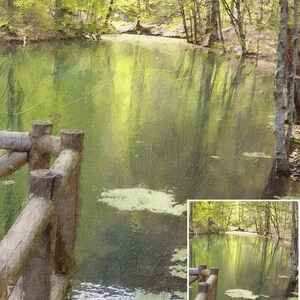 May include: A serene landscape painting of a lake surrounded by trees. The water reflects the green foliage and the sky. A wooden fence is in the foreground, adding depth to the scene. The painting has a textured, artistic style.
