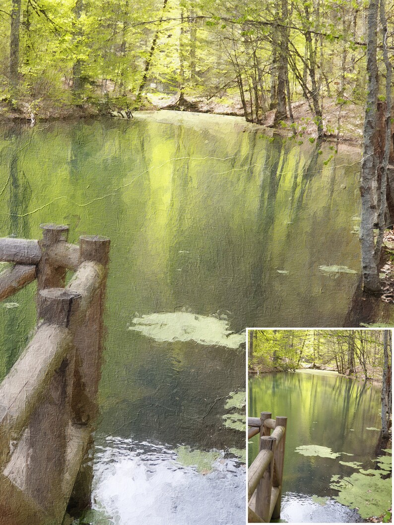 May include: A serene landscape painting of a lake surrounded by trees. The water reflects the green foliage and the sky. A wooden fence is in the foreground, adding depth to the scene. The painting has a textured, artistic style.