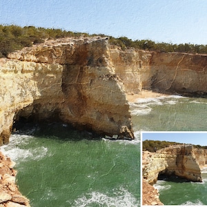 May include: An artistic rendering of a coastal landscape featuring towering sandstone cliffs and a turquoise ocean. The cliffs are topped with green foliage, and a small beach is visible at the base of the cliffs. The sky is a clear blue.