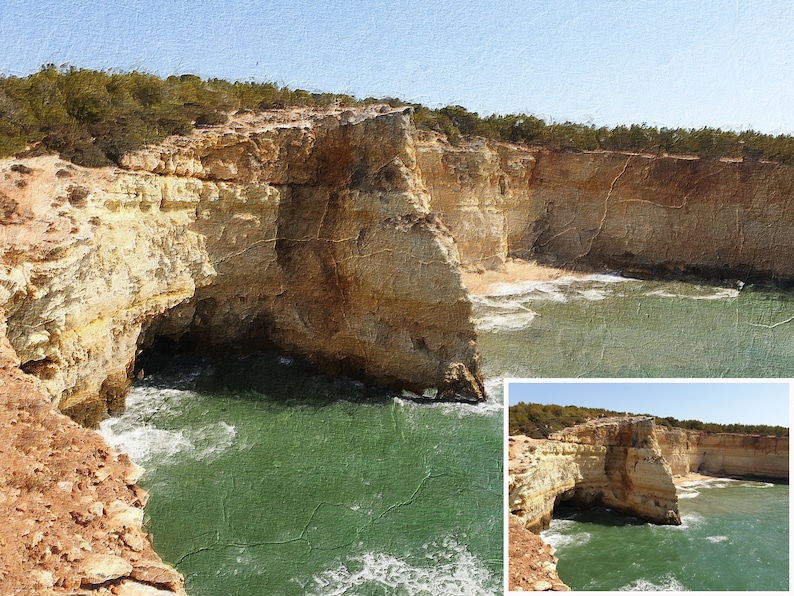 May include: An artistic rendering of a coastal landscape featuring towering sandstone cliffs and a turquoise ocean. The cliffs are topped with green foliage, and a small beach is visible at the base of the cliffs. The sky is a clear blue.