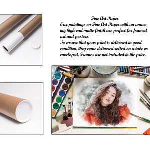 May include: A watercolor painting of a woman with curly hair, wearing a red jacket, on a white background. The painting is surrounded by art supplies, including watercolor paints, paintbrushes, and pencils. The text "Fine Art Paper" is visible in the image.