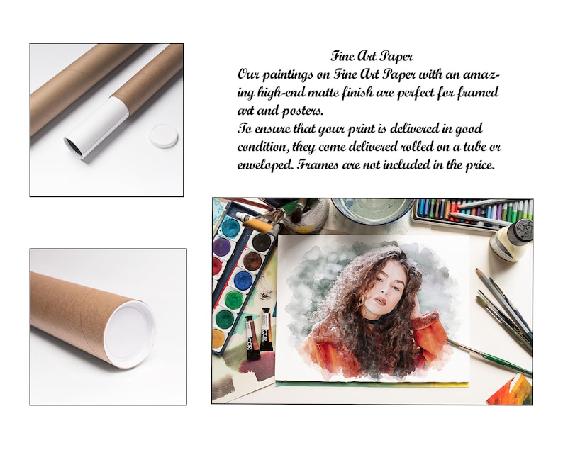 May include: A watercolor painting of a woman with curly hair, wearing a red jacket, on a white background. The painting is surrounded by art supplies, including watercolor paints, paintbrushes, and pencils. The text "Fine Art Paper" is visible in the image.