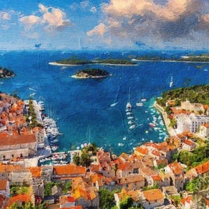 May include: An impressionistic painting of a coastal town with red-tiled roofs, nestled along a turquoise sea. Small islands dot the horizon, and sailboats are moored in the harbor. The sky is a mix of blue and white.