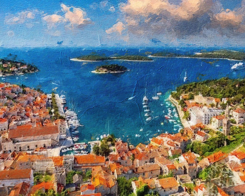 May include: An impressionistic painting of a coastal town with red-tiled roofs, nestled along a turquoise sea. Small islands dot the horizon, and sailboats are moored in the harbor. The sky is a mix of blue and white.