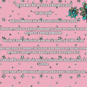 K&ouml;nnte beinhalten: Ein rosa Hintergrund mit silbernen Glitzersternen und Text, der "DESIGN MAY NOT BE USED AS BUSINESS LOGO" und "PLEASE READ" lautet. Der Text setzt sich mit Informationen zu digitalen Downloads, kommerziellen Lizenzen und physischen Transfers fort. Das Bild enth&auml;lt auch ein t&uuml;rkisfarbenes und braunes Design mit einem Sternmuster.