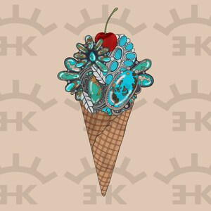 May include: A turquoise and silver ice cream cone with a red cherry on top. The cone is decorated with a variety of turquoise stones and silver accents. The background is a light brown with a repeating pattern of stylized suns.