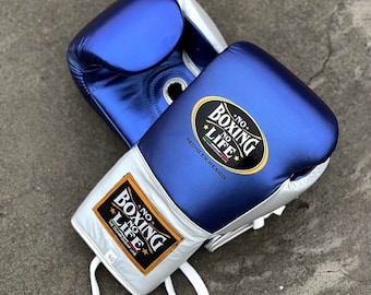 Gants de boxe faits main personnalisés No Boxing No Life Bleu métallique et blanc, Gants de boxe personnalisés, cadeau pour homme, cadeau pour étudiant