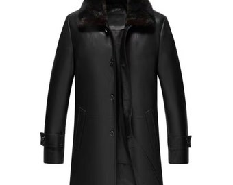 Long Black Coat For Men Long Leather Coat With Fur Collar And Welt Pockets Coat For Men Leather Leather Coats For Men Gift For Him