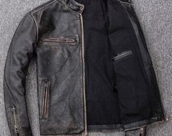 Motorcycle Jacket For Men In Black Leather With Zipper Vintage Biker Jacket Cafe Racer Leather Jacket Gift For Him