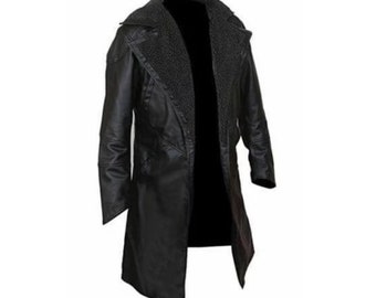 Long Coat with Fur Collar For Men Leather Coat For Men Long Faux Fur CoatFor Men Leather Jacket For Him Gift For him