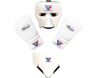 Gants de boxe faits main personnalisés, kit gagnant, blanc, gants de boxe personnalisés, tête et aine, cadeau pour homme, cadeau pour lui,