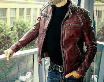 Burgundy Men's Leather Jacket Genuine Soft Lambskin Biker Slim Fit jacket