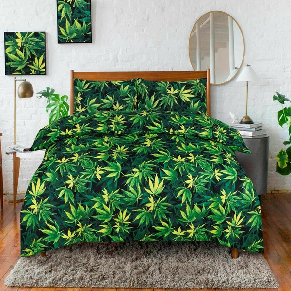 68-Pick Fiber Marijuana Cannabis Weed Leaf Printed Duvet Cover With Pillowcase